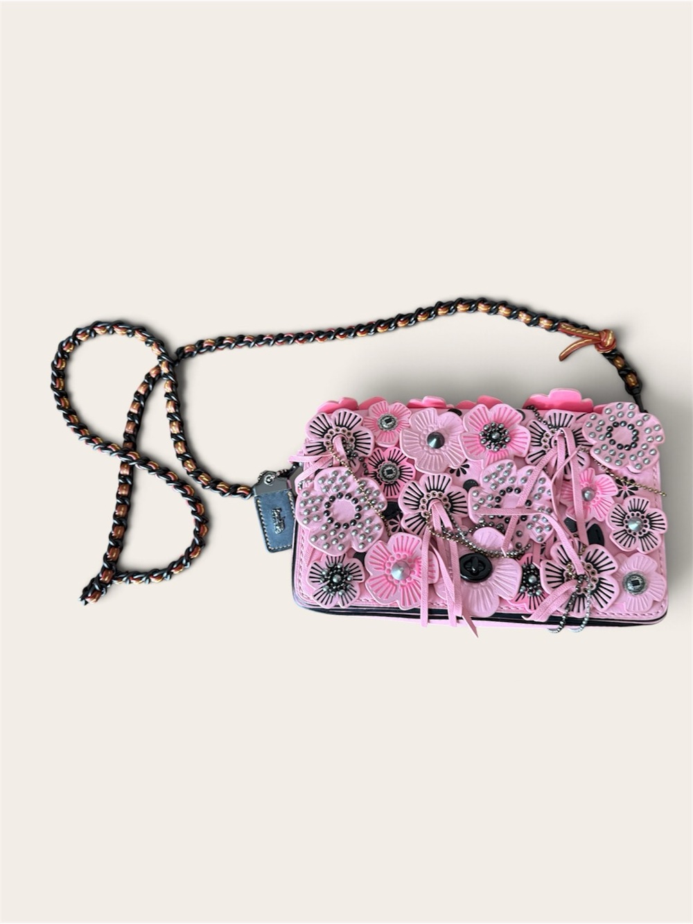 Coach Pink Floral Appliqué Crossbody with Braided Chain Strap